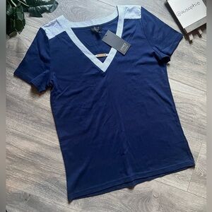 Jones New York Signature Navy Keyhole V-Neck Tee w Striped Collar & Shoulder L